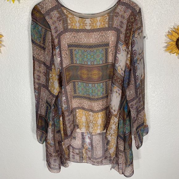 Moda Seta Italy Geometric Round Neck Sheer Flowy Top Blouse Womens Medium - Picture 5 of 13
